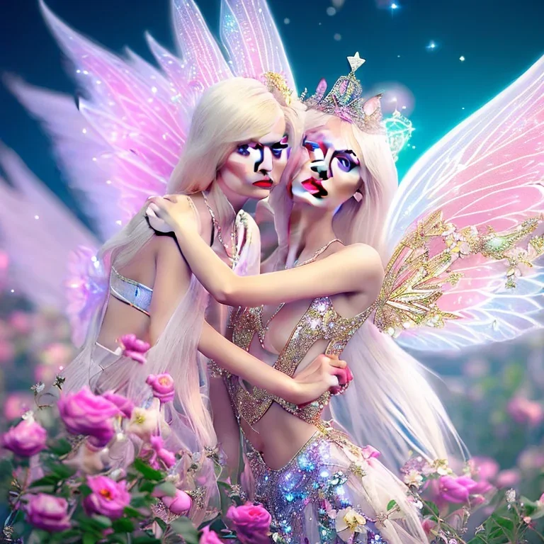 cute fantasy fairy with luminous wings, smiling, make up, long platinum blond hair with crown and flowers, pink dress, unreal engine