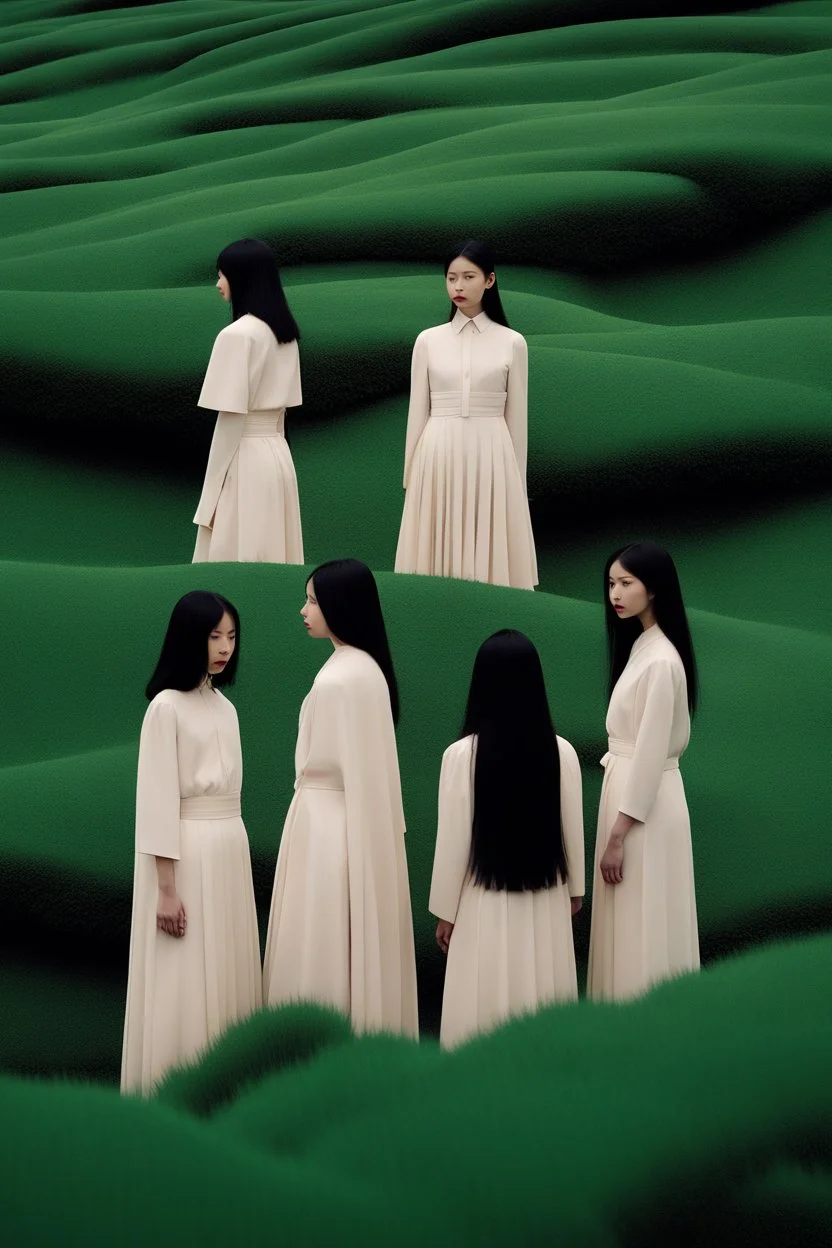 a group of women standing on top of a lush green hillside, inspired by Ren Hang, design milk, long black hair, whites, wanderers traveling from afar, trending on artisation, cloning spell, coat pleats, in twin peaks, submarine, by Helen Thomas Dranga, symetry, round-cropped, noire photo