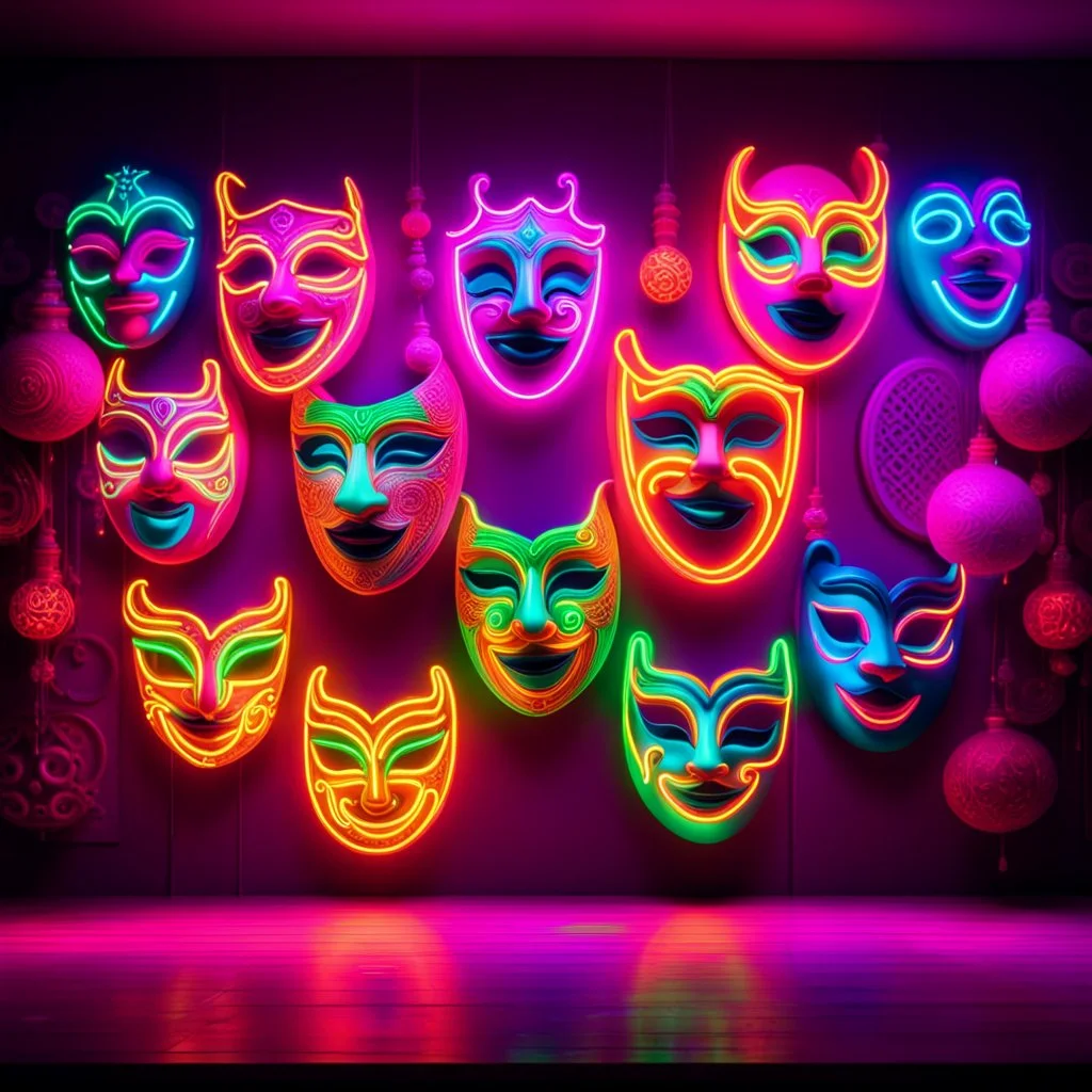 Hyper Realistic Neon-Lighting-Comedy-Masks-Floating On A Cultural Stage with Cultural-Celebration & Cultural-Ornaments Wall Background Cinematic & Dramatic Ambiance.