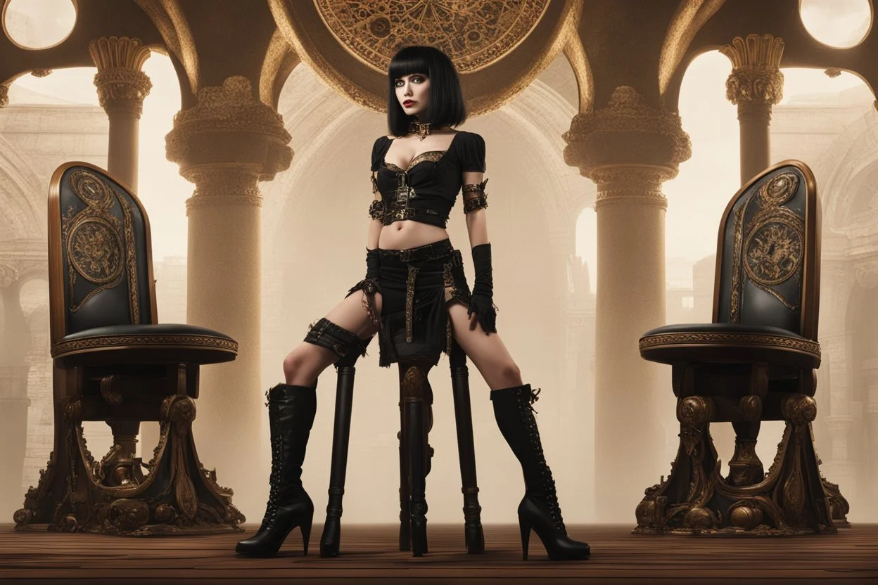 a skinny Cleopatra, with a bob hairstyle, in black boots, standing next to a black gothic seat, in a steampunk setting.