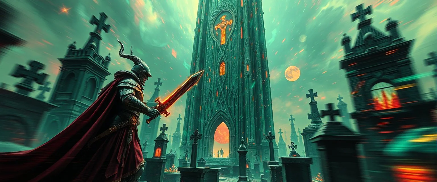 Epic portrait of paladin vs lich in tower cemetery in the style of Giger and Escher in Transparent Psychedelic Fluorescent Colors looking like a Record Cover, multidimensional depth of field, motion blur