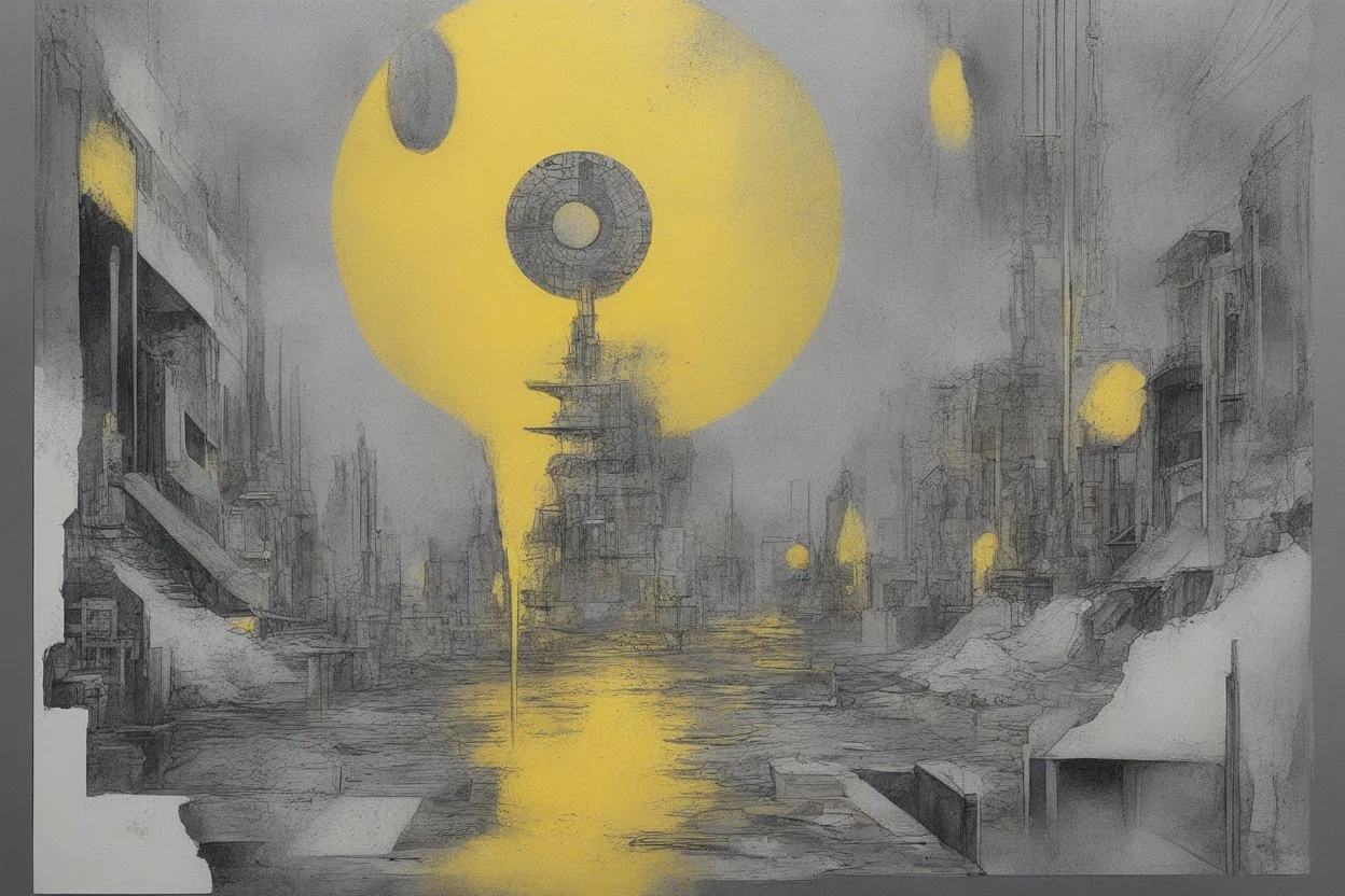 ink and paint of holo sizzle, arafed nonsense contradicting in liminal space, double negative vibe, unnerving vibe, whimisical influence, grotesque vibe, ink and tint leak, minimal, brutalist, Aztec, drab and gray and yellow