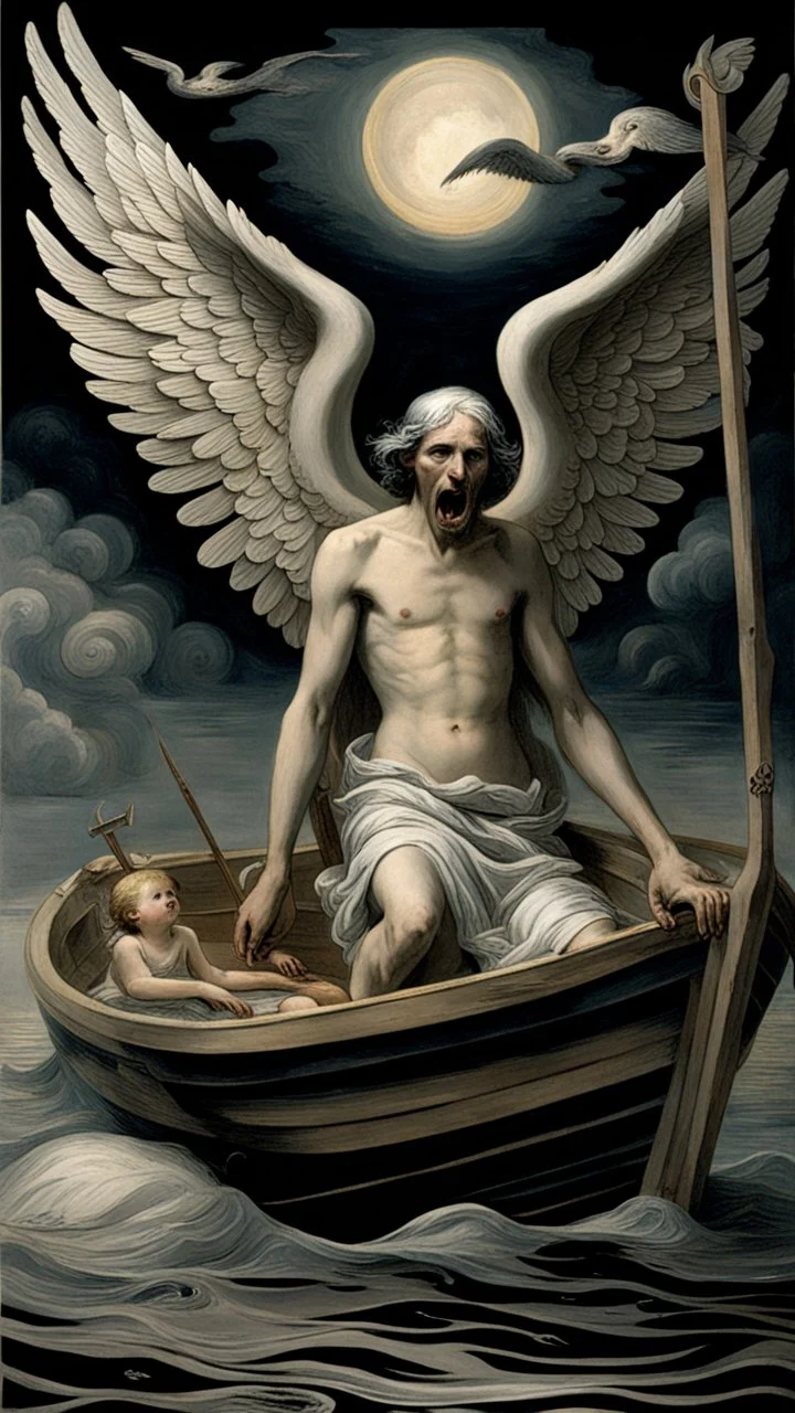 Charon in his boat wearing crying angel