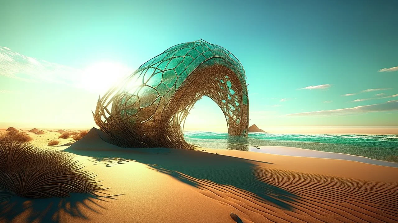 A digital illustration showcasing a futuristic desert scene where a metallic structure resembling a tongue emerges from the sandy ground, reaching towards the crystal-clear sea in the distance. The juxtaposition of natural elements and man-made technology creates a sense of mystery and intrigue, with the bright sun reflecting off the metallic surface and casting shimmering patterns on the water