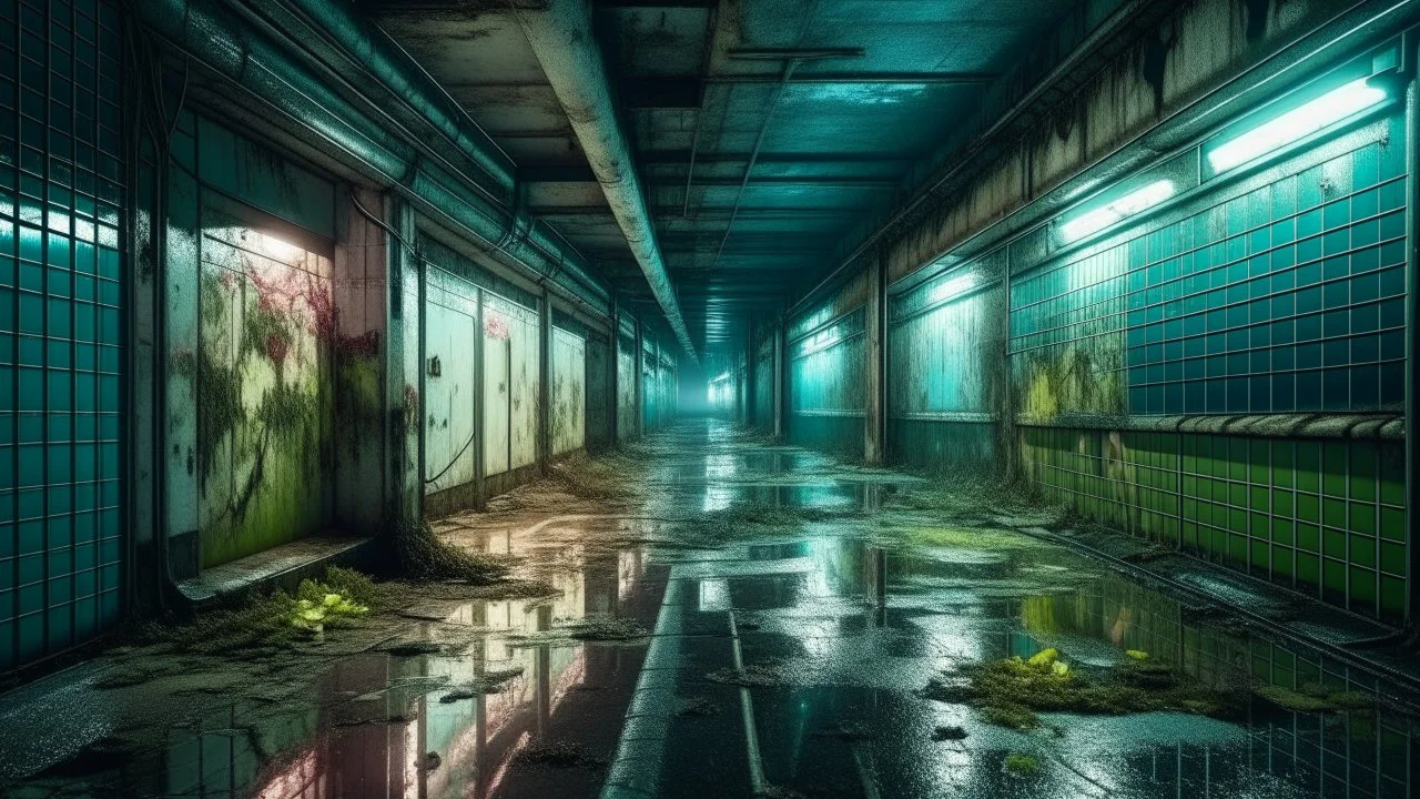 pasillo comercial subterráneo en ruinas, charcos de agua reflejando luces de neón moribundas, tiendas saqueadas con vidrios rotos, plantas trepadoras emergiendo entre las baldosas agrietadas, niebla tenue, composición simétrica, estilo cinematográfico