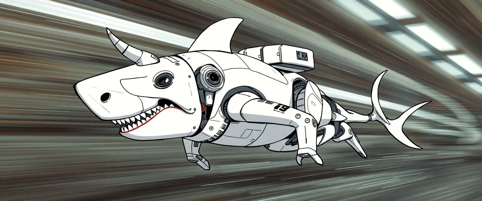 blind contour robot shark cow like space ship fighter jet massage master guru fast moving motion blur background