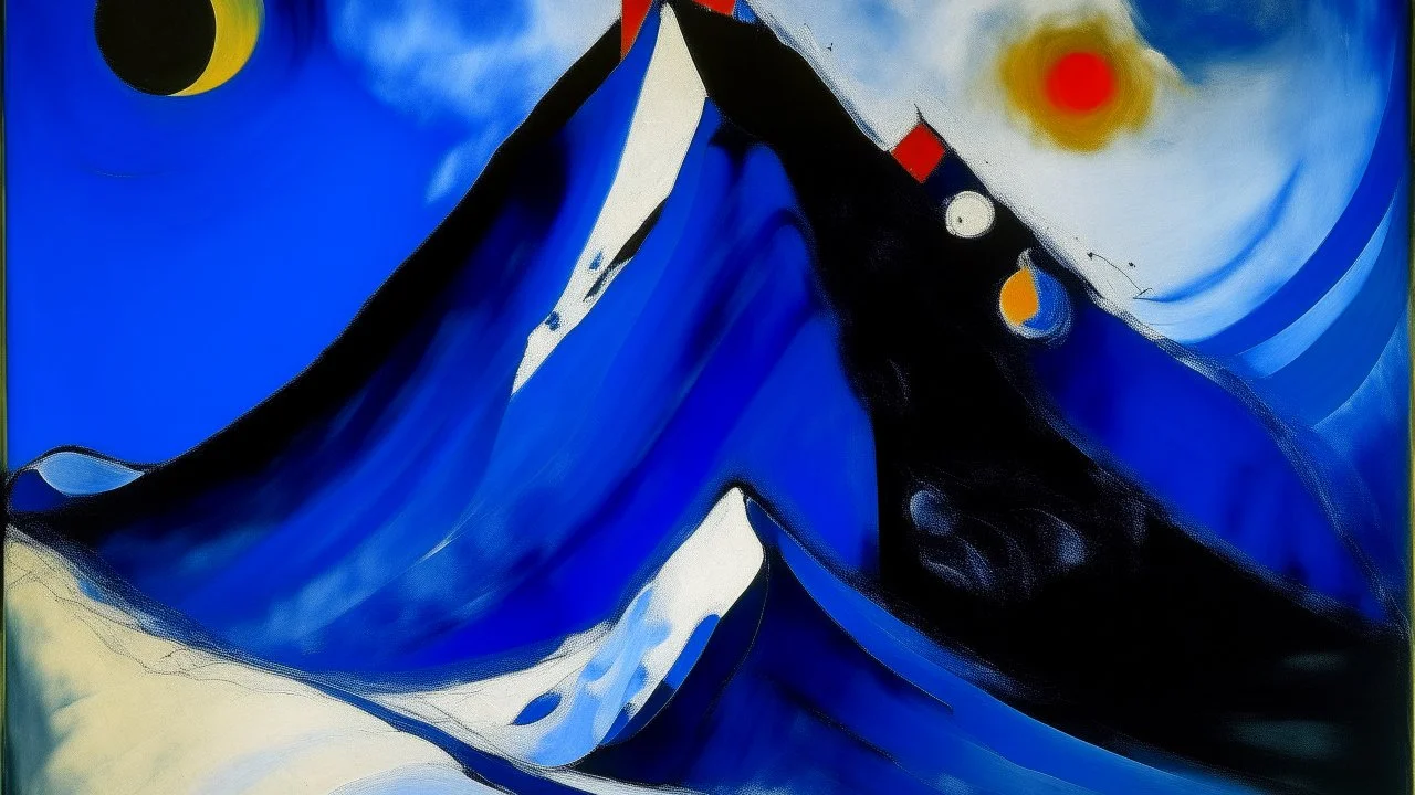 A dark blue frozen peak with chilly winds painted by Wassily Kandinsky
