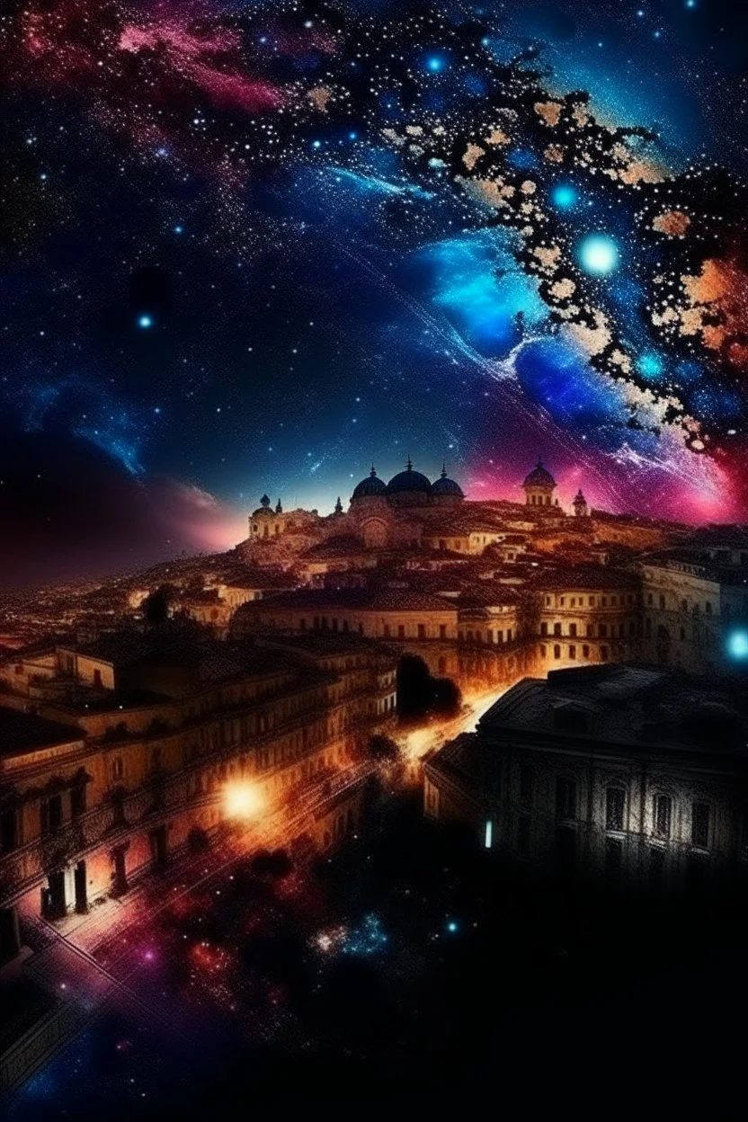 Roma City buildings at night in Abstract Fluid, Galaxy nebula