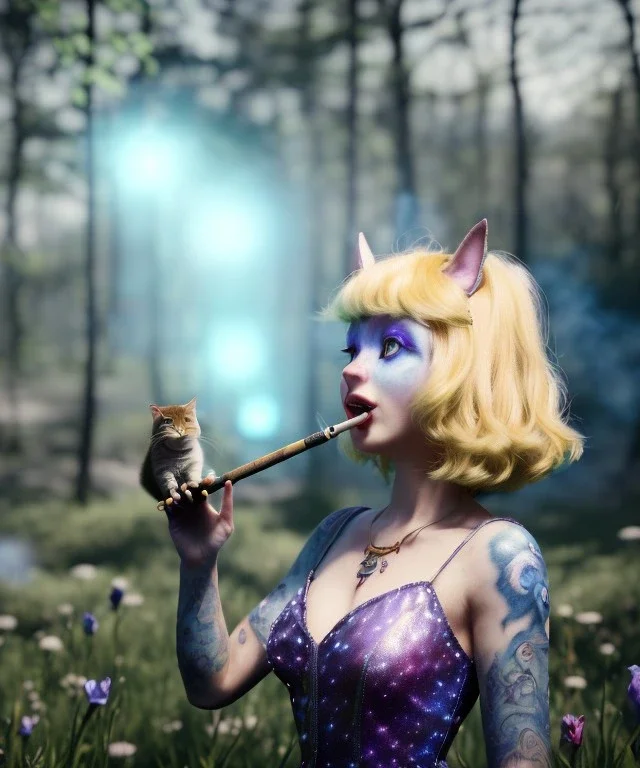 Ultra realistic wonderland photo, happy blonde woman smoking a pipe, blue dress, purple cat friend, circus dress style, old school tattoo, smoke, marijuana garden, glow eyes, perfect iris, soft color, highly detailed, unreal engine 5, cinematic, ultra detail, volumetric lighting, high definition.