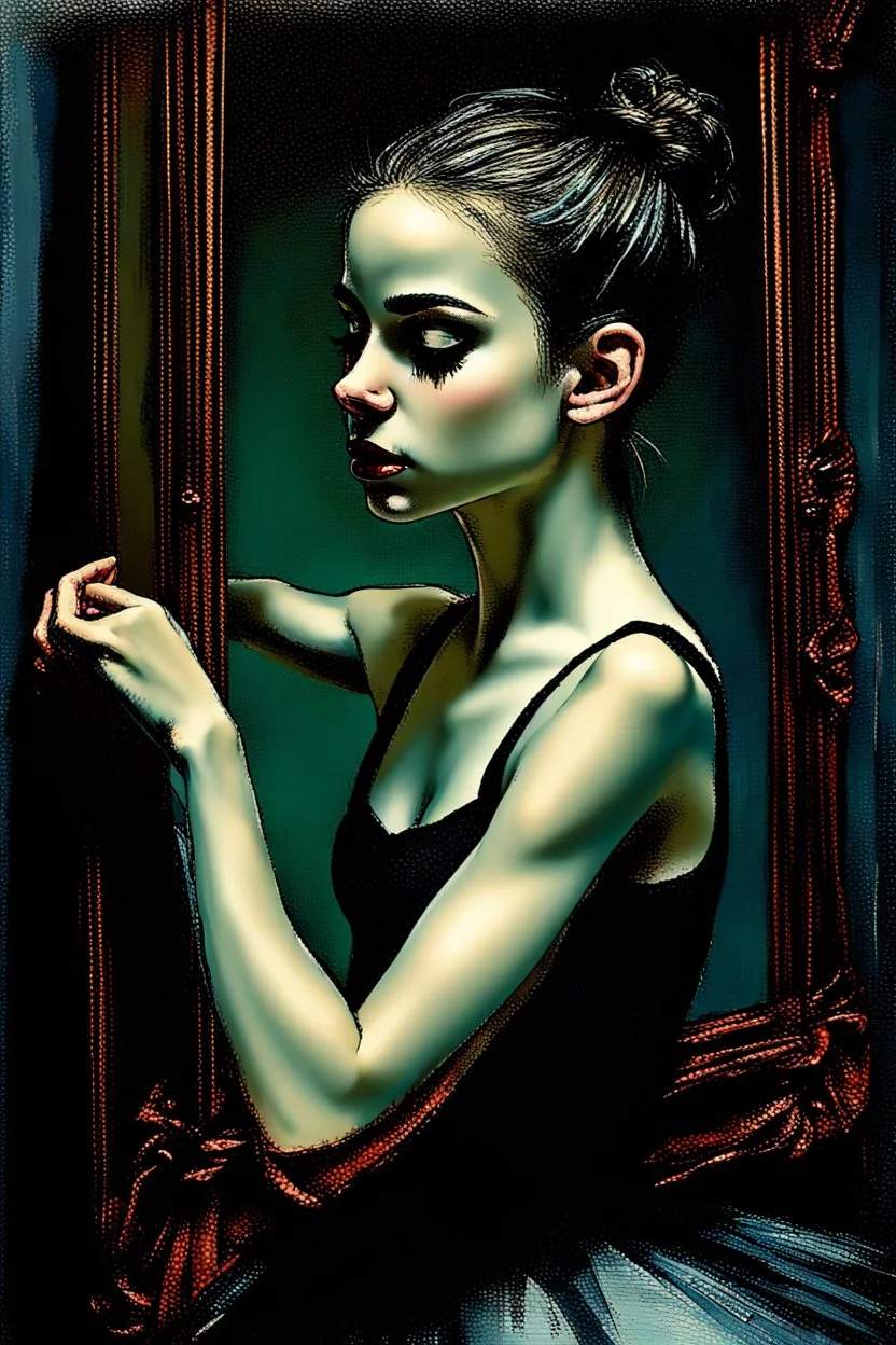 a beautiful ballerina, in a studio, Infront of a mirror, side profile with eyes looking slightly Down, her reflection in the mirror is however looking straight back at her and not looking down, scary, dark undertone, 12k, detailed painting, thick impasto and textures with rough brush strokes, chaos background with cracked paint, peeling off