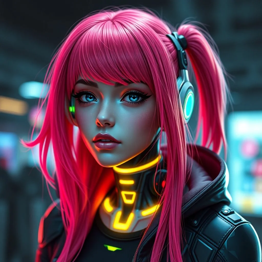 a pretty cyberpunk girl, android, bright hair, futuristic