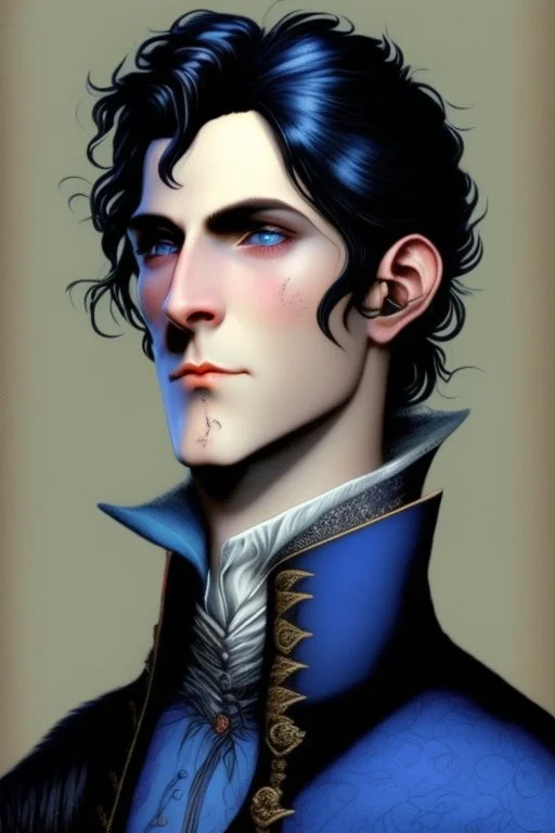 young black haired blue eyed dandy wizard in the style of beresford egan