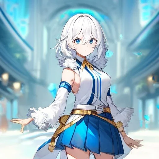 Clear focus, High resolution, rough line sketch art, short fluffy white hair, hair between eyes, fluffy hair, blue eyes, wearing a sleeveless shirt, wearing a a pleated skirt , detailed outfit, lots of details, bow on belt, white belt, white and blue everywhere on outfit, cut sleeve, yellow chains around outfit, concept art