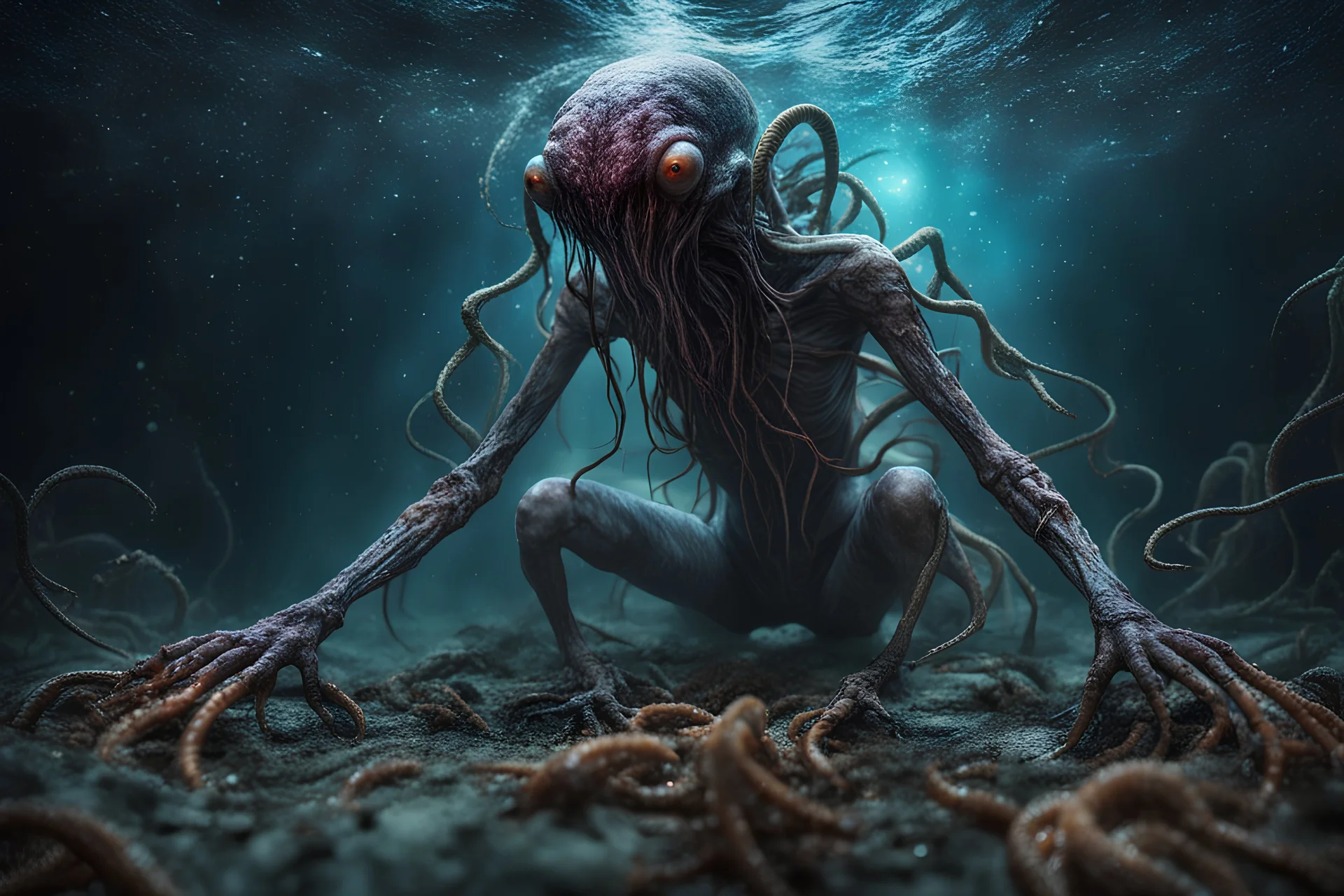 cosmic horror, nightmare, galaxy interwoven with dread, truth, alien underwater, fullbody, feet point view, creepy, horrifying, sinister, many worms parasite creature connected to the head, sparks around her, intricate, 8k, macro photography,