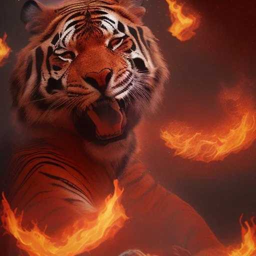 smooth hyper realistic, beautiful Japanese burning lava tiger battle with knight in crown, pale colors, dark cosmos background, extremely sharp detail, finely tuned detail, ultra high definition, 8 k, unreal engine 5, ultra sharp focus, accurate sword wings, positive smile, lot of details, fit within portrait, Ambiance winter, perfect composition, perfect hair, perfect hands, finger up gestures