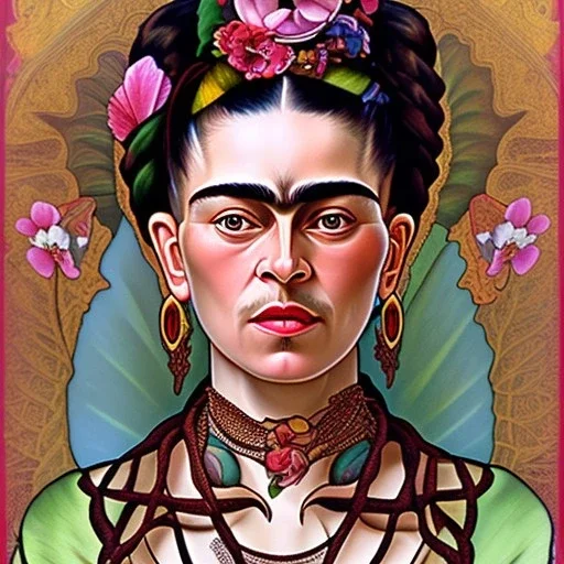 A beautiful portrait of Frida Kahlo by alphonse mucha, japanese tatoos, 4k, high details