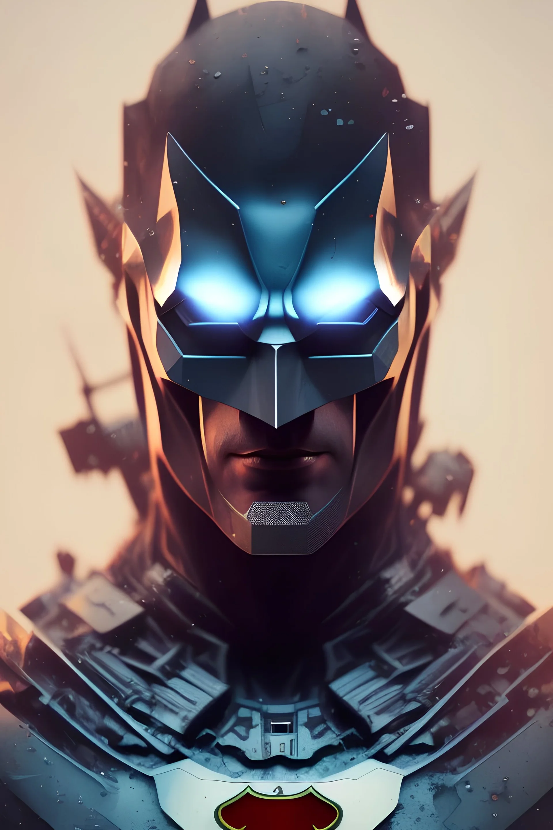 Batman, post-apocalyptic, head and shoulders portrait, 8k resolution concept art portrait by Greg Rutkowski, Artgerm, WLOP, Alphonse Mucha dynamic lighting, hyperdetailed, intricately detailed, Splash art trending on Artstation