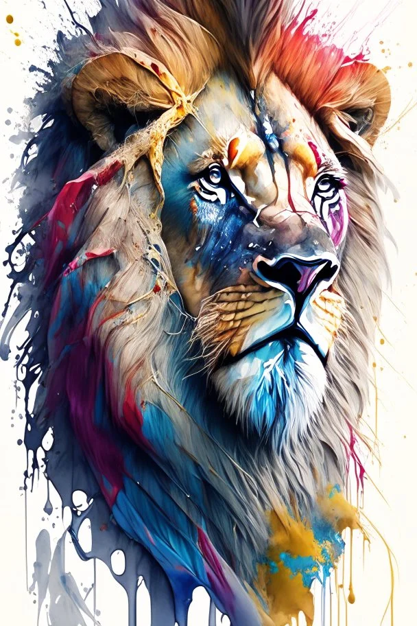 "lion", clean design, art station, splash of colorful paint, contour, ((solid white background)), gazing into camera, hyperdetailed intricately detailed, unreal engine, fantastical, cinema lighting, intricate detail, splash screen, complementary colors, fantasy concept art, 8k resolution, DeviantArt masterpiece, watercolor, paint dripping