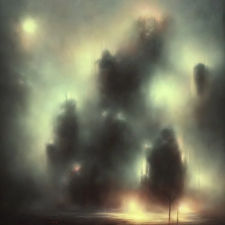 photographic camera in abstract style. fog and smoke in atmosphere. bokeh, lens flare. Dark mood. Dripping paint. oil on canvas, high detailed. beksinski