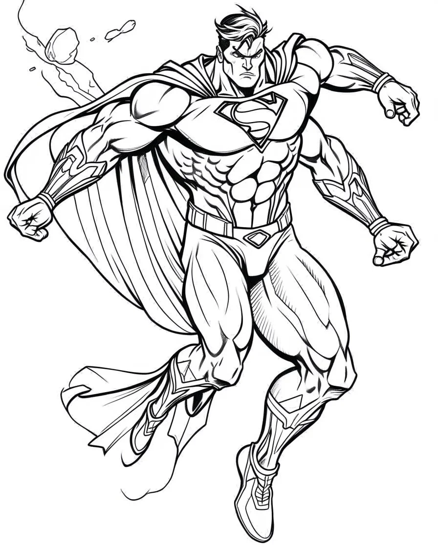 real massive Superman fly, coloring page, no leaves, full body (((((white background))))), only use an outline., real style, line art, white color, clean line art, white background, Sketch style