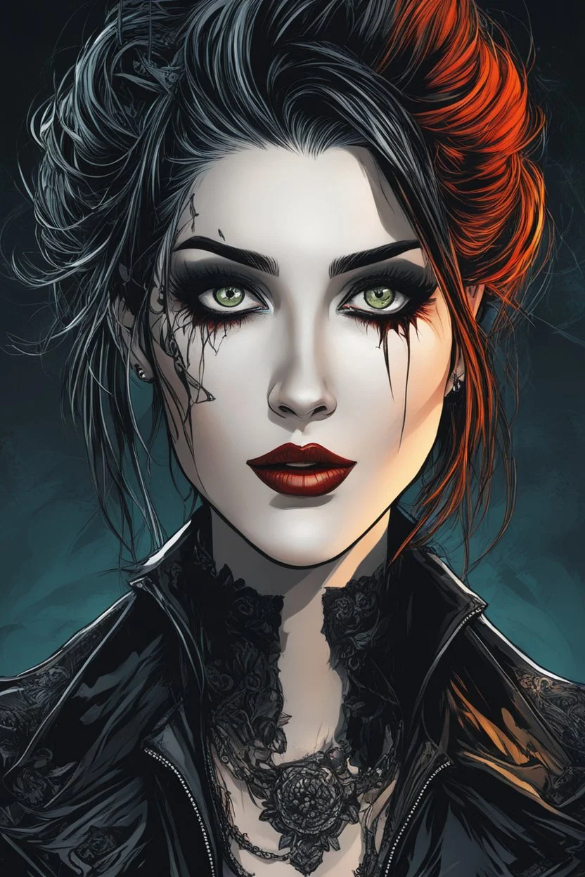 Create a wild, imaginative, goth punk vampire girl with highly detailed facial features, in the vector graphic style of Nirak1,Christopher Lee, and Cristiano Siqueira, utilizing simple shapes , vibrant colors,