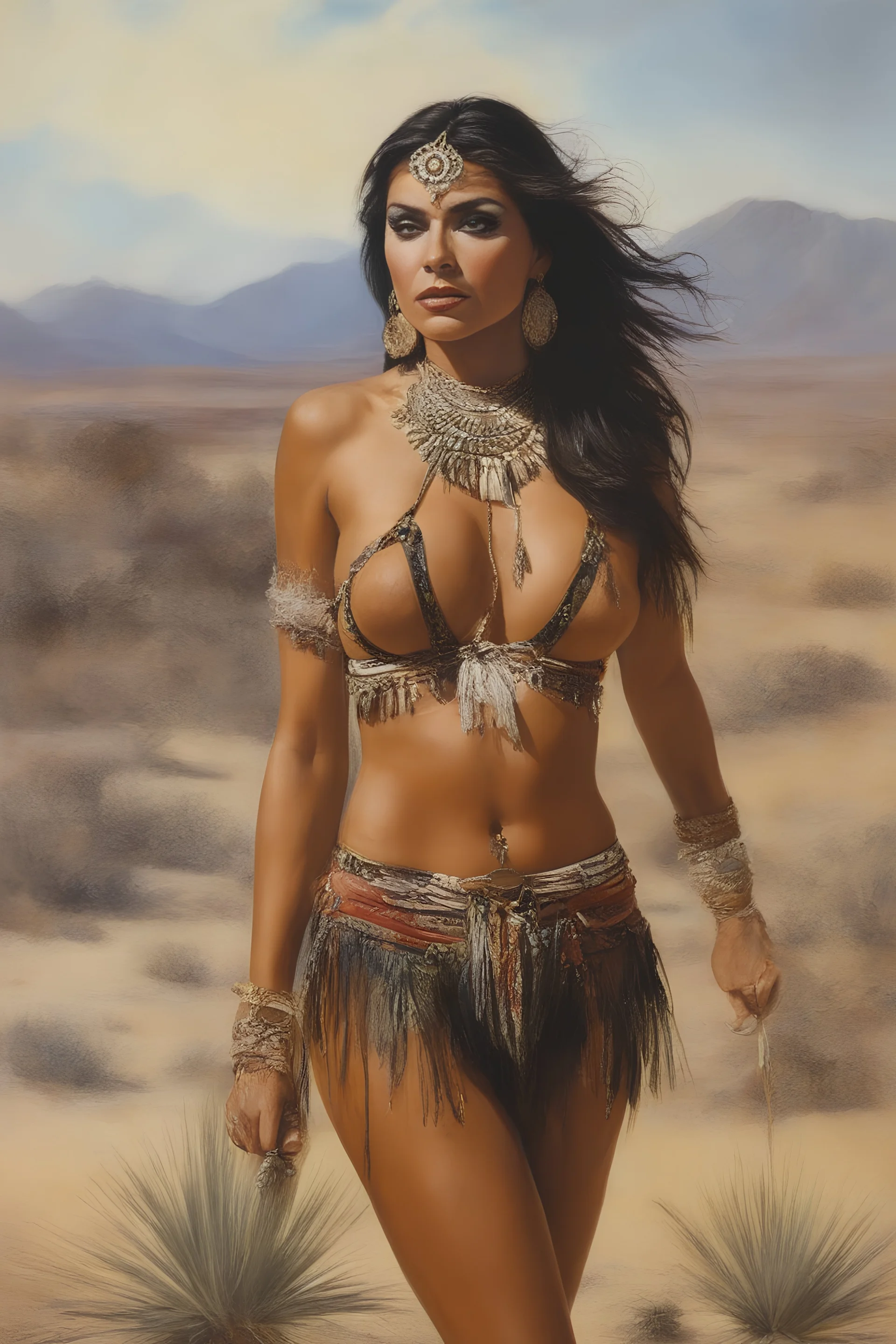 head to waist - native American Indian sports illustrated swimsuit model - Joan Collins - craggy desert wasteland background, 32k, UHD, Hyper-realistic oil painting by Gerald Brom