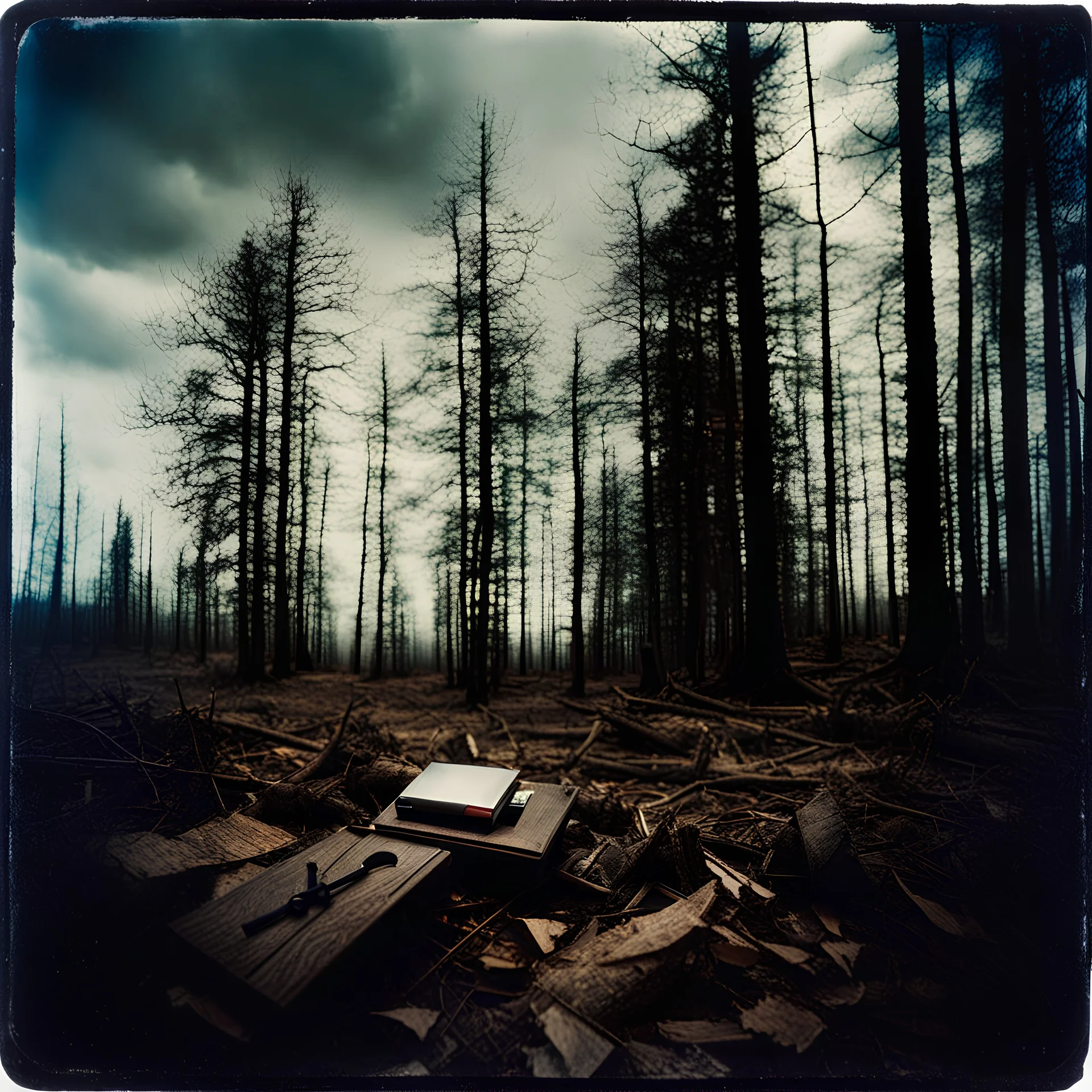 Photorealistic polaroid nothingness, old wooden forest, figure, wasteland, Max Ernst, shot on Hasselblad, movie shot, details of the sky accentuated, nightmare, hypermaximalist, obsessive, hypnotic