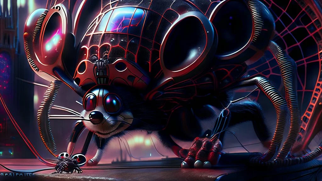 a spider mickey mouse hybrid, photorealism, movie screen capture, horror, sci-fi, retrofuturism,