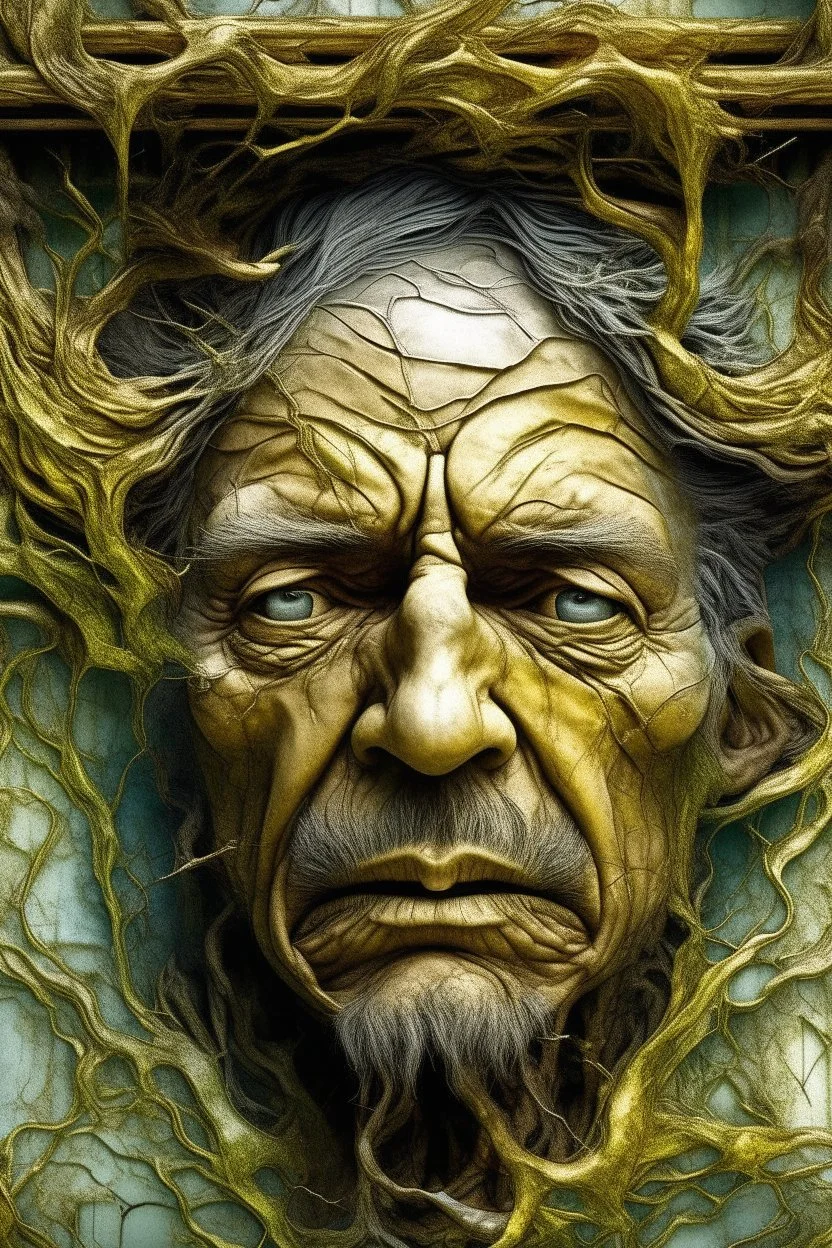 surrealis monochrome A fragmented, surreal sculpture liguid color of photorealistic image 3d,psychedelic art of an old man face glossy emerging from dreamlike a crumbling building. The face appears pale with deep cracks and intricate details, evoking a haunting expression. Blackened tree branches intertwine with the gold mengkilat cracks, set against a backdrop of stormy, cloud-filled skies. bauhaus art The overall tone is dark and moody, suggesting themes of decay and transformation. Include