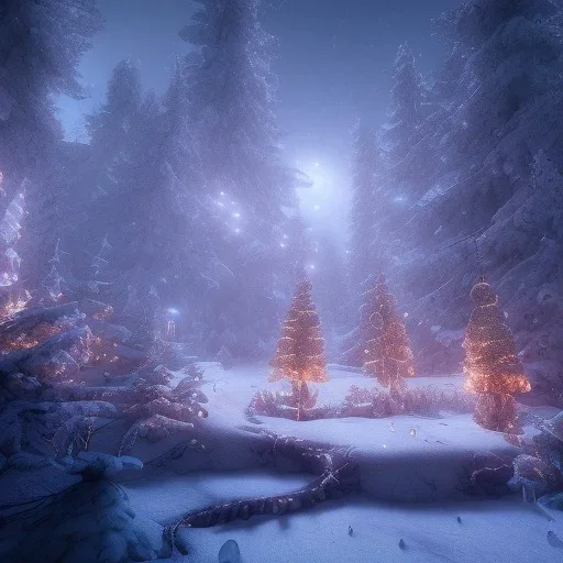 Mysterious christmas night, surreal atmosphere, cosmic backdrop, celestial ambience, soft lighting, very chilly appearance of the surroundings, unreal engine 5 volumetric lighting, intricate details, realistic style, 8k resolution