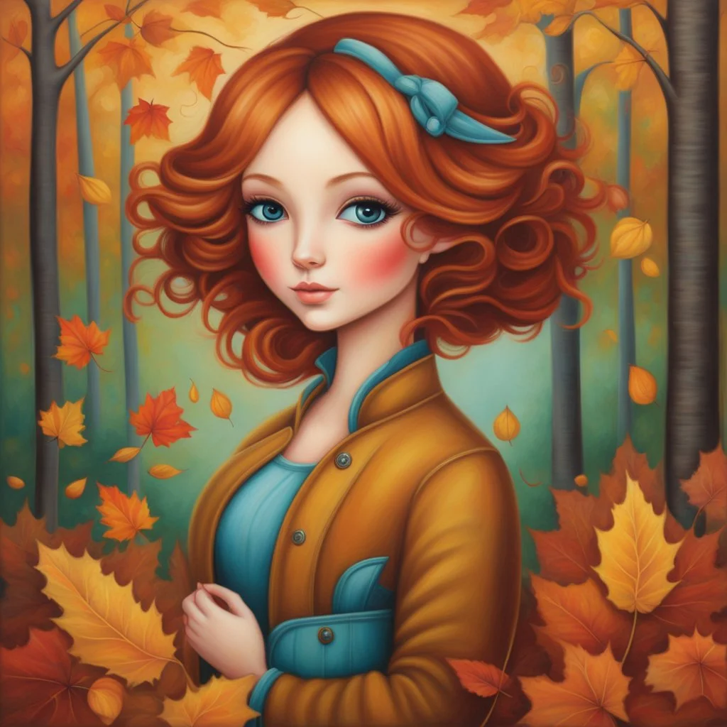 Masterpiece, best quality, Jeremiah Ketner style painting of a portrait of a girl in autumn park, autumn leaves in background, painted by Jeremiah Ketner