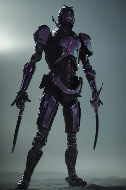 Full body, futuristic black robot ninja holding swords, glowing purple, fighting pose, fighting, dark dramatic scene