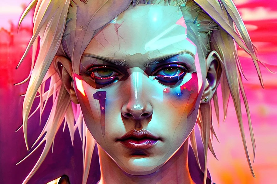 white background, cyberpunk, watercolor, Woman 48 years old, blonde, portrait painting, acrylic, summer sunset, plant hair, flower clothes, double exposure, fine rendering, high detail, high resolution, 8K