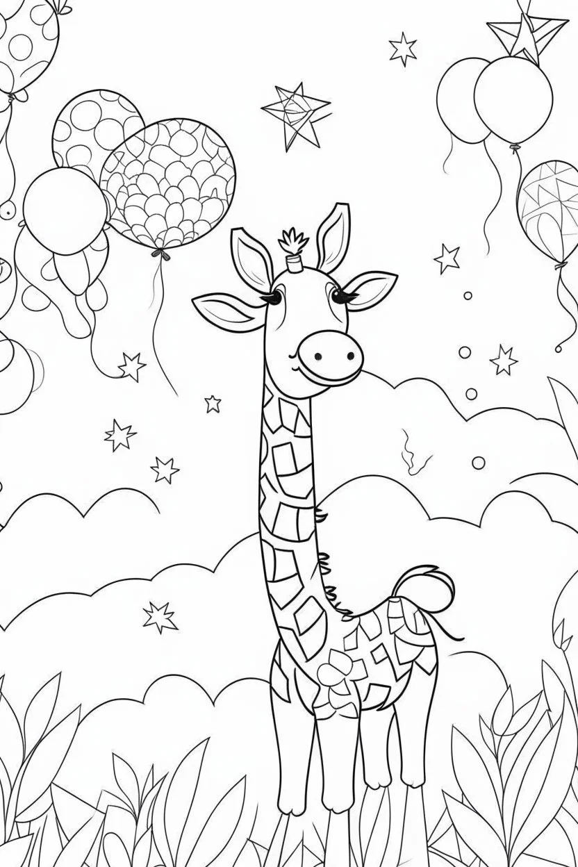 HAPPY NEW YEAR colouring page for kids,Giraffe reaches for starlit balloons, thick outline, low details, no shading, no colour