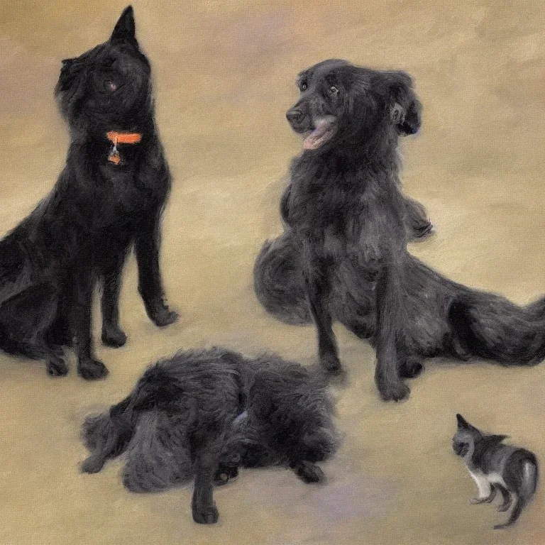 a Impressionist painting of a black dog and gray cat