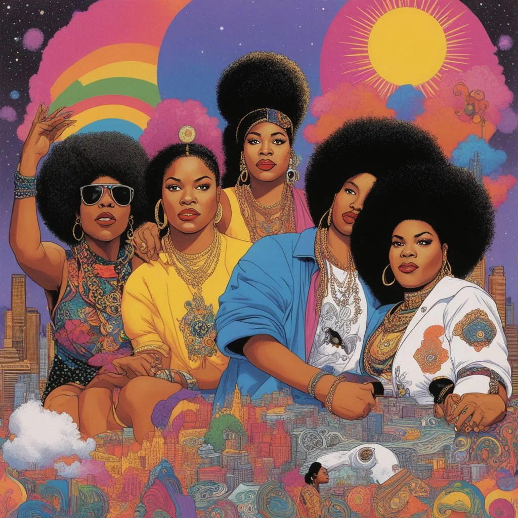 women of hip hop [physchedelic album cover illustration colourful 3 feet high and rising, de la soul (1989)] Salt and pepper, Shay, Queen Latifah, Roxanna chanté