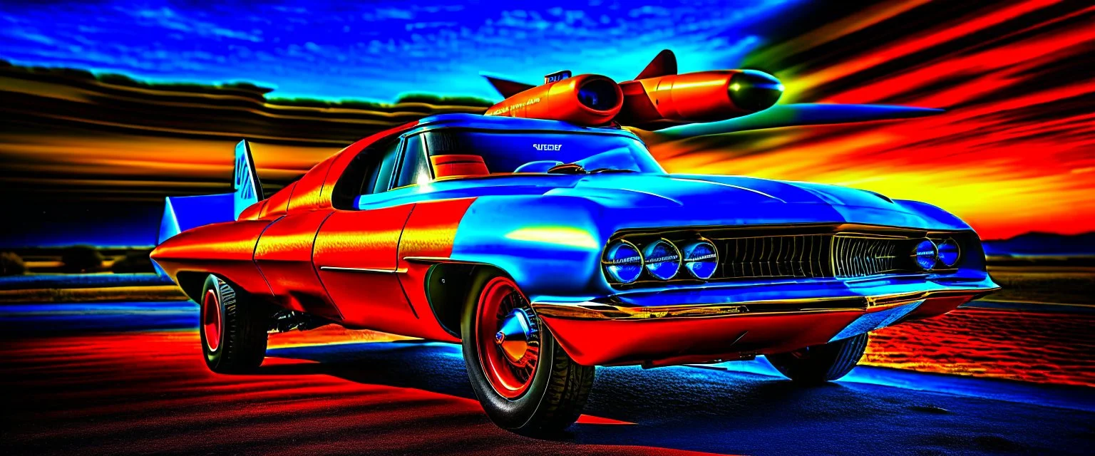 A national geographic award winning photograph of a military fighter jet station wagon wasp hybrid designed by volkswagen only one vehicle per image painted metallic orange traveling at a high rate of speed, jet intake off of front center of vehicle and jet exhaust out the rear with bright blue flame