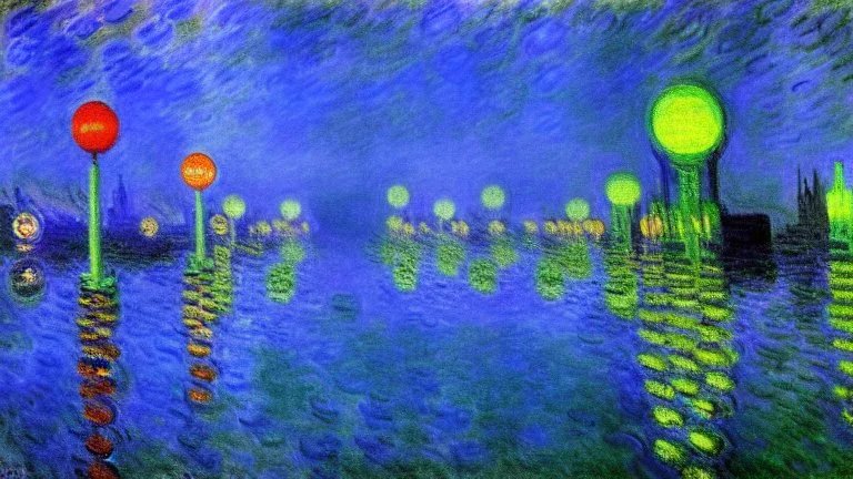 Fantasy cyberpunk world, claude monet painting