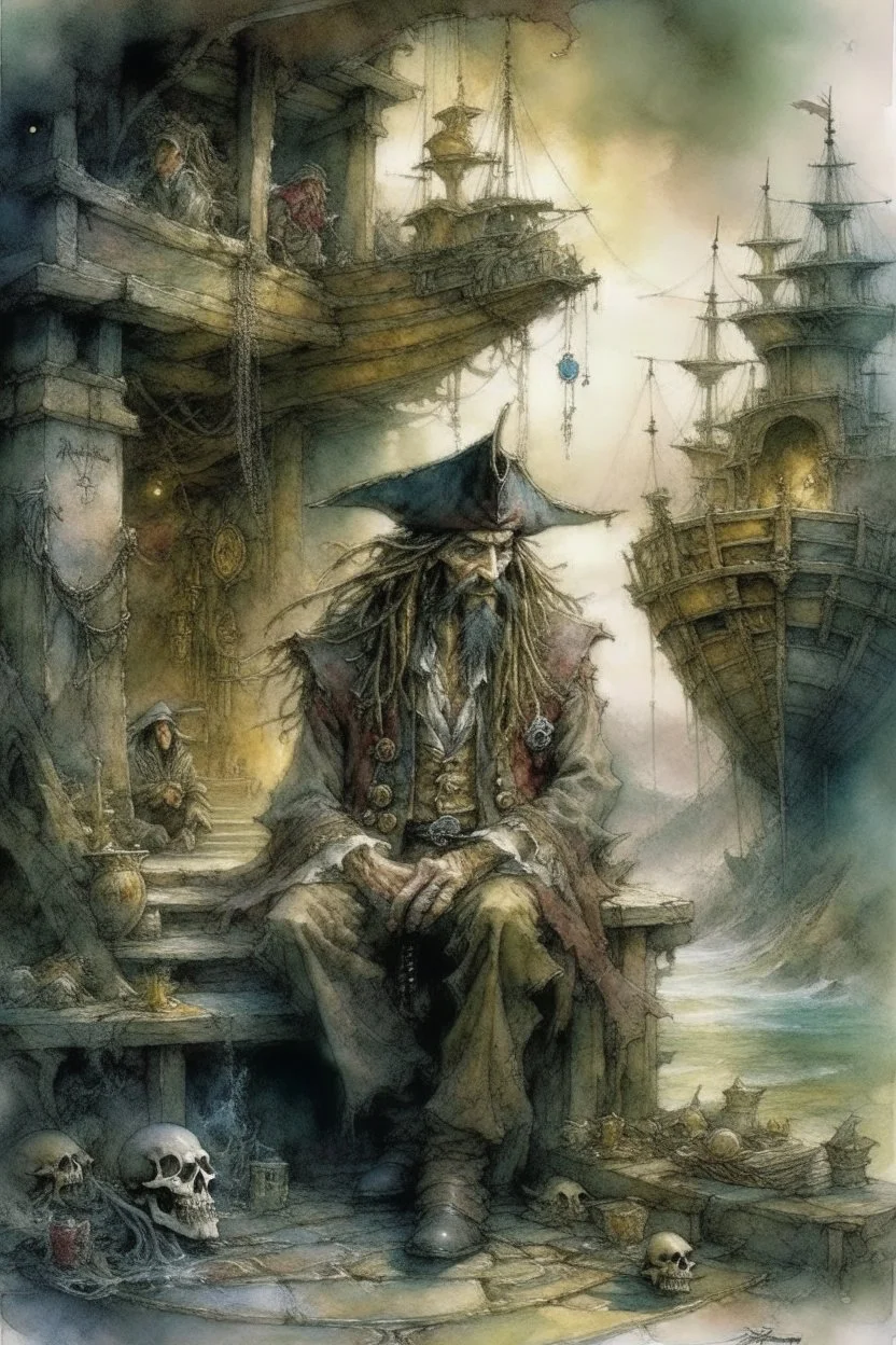 Watercolor illustration of "Curse of the Caribic" with Jack Sparrow at the center, merging the artistic styles of Patrick Rothfuss, Alan Lee, Brian Froud, Josephine Wall, featuring whimsical characters, ethereal atmosphere, fantasy architecture in the background, enchanting elements, subtle color palette, soft lighting, high level of fantasy detail, intricate details as envisioned by Greg Rutkowski, sharp focus, studio lighting,, Watercolor, trending on artstation, sharp focus, studio photo, int