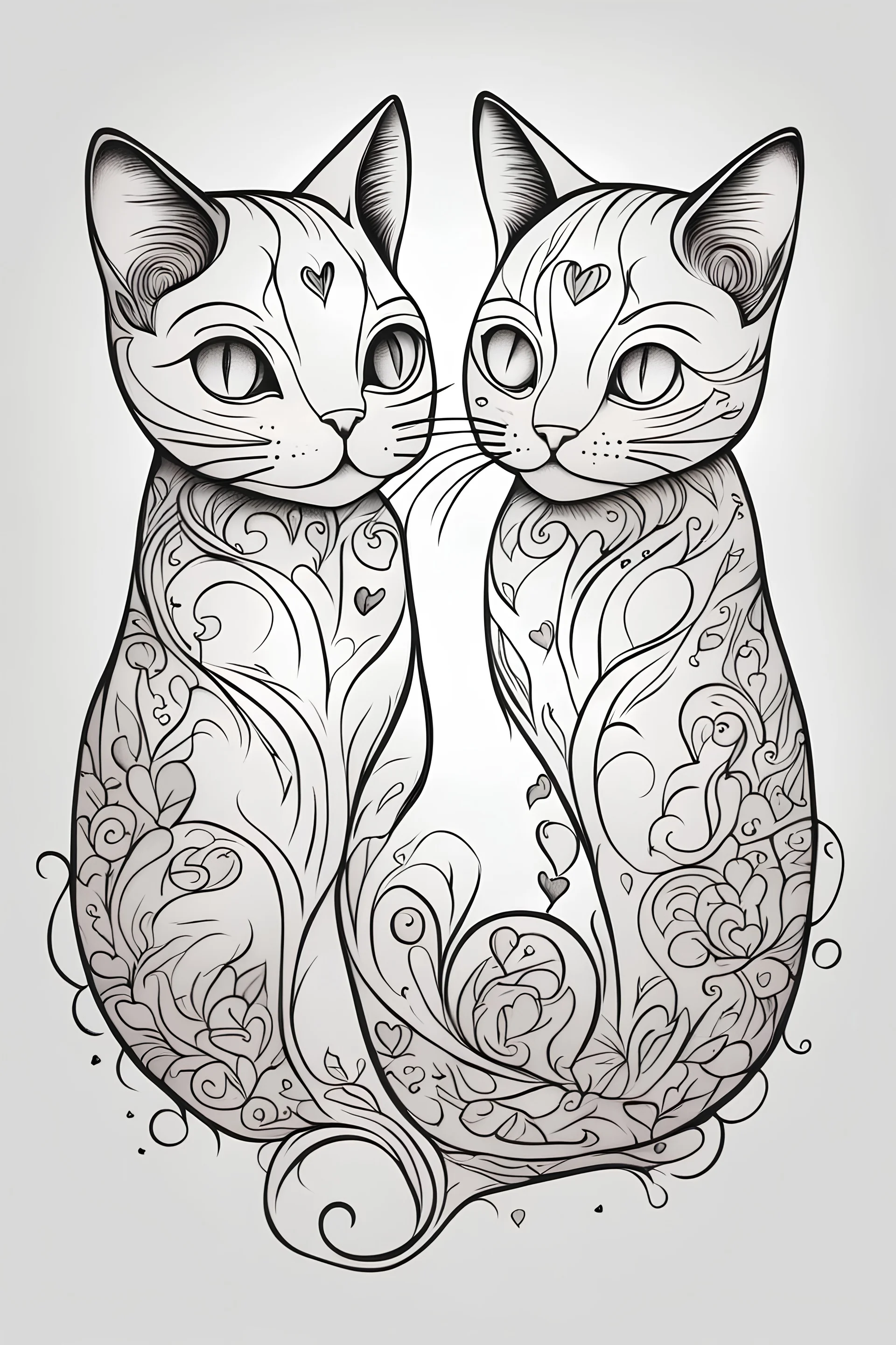 two cute outline of cats with hearts for a tattoo design black ink on white background with defined and clean natural details