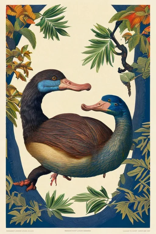 John James Audubon-like illustration of a fully uncropped Dodo bird and a Platypus in a chinoiserie landscape of warm yellows, warm reds, and warm blues