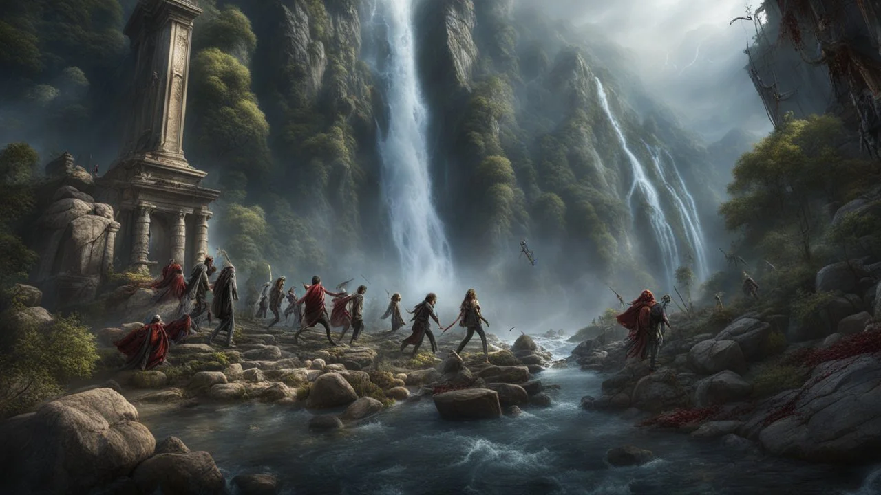 Zombies falling down a 3.000 feet high waterfall. fantasy setting, horror. exquisite realism, a masterpiece, fantasy concept art, dynamic lighting, hyperdetailed, intricately detailed, deep color, Unreal Engine, volumetric lighting, Epic cinematic brilliant stunning intricate meticulously detailed dramatic atmospheric maximalist digital matte painting