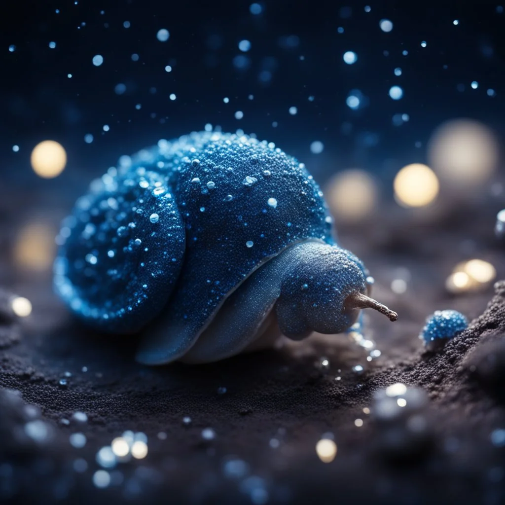 tiny blue snail covered with glowing crystals, water particles in air, night starry sky, calming mood, bright colors, glowing sparkle particles, dark tone, sharp focus, high contrast, 8k, incredible depth, depth of field, dramatic lighting, beautifully intricate details, clean environment