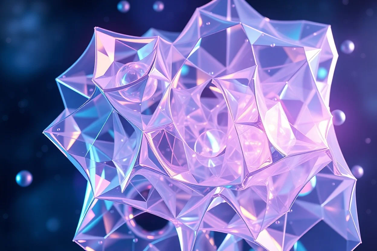 create A picture of 3d complex hypnotic fractal translucent 3D geometry structures evolving and morphing, fluid geometry shifting between organic and geometric forms, iridescent glass material with internal glow and pretty bubbles inside,instances must have random translucent material smooth must capture comple struct , galaxy background, seamless motion, cinematic lighting, generative art style.