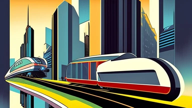 In this Italian Futurism-inspired cityscape, a train track cuts through the bustling urban landscape, symbolizing progress and movement. The track weaves its way between towering buildings with sleek, modern architecture, reflecting the avant-garde style of the early 20th-century art movement. A sleek, aerodynamic carriage speeds along the track, embodying speed and dynamism. The carriage's design is futuristic, with sharp angles and streamlined curves, evoking a sense of energy and innovation.