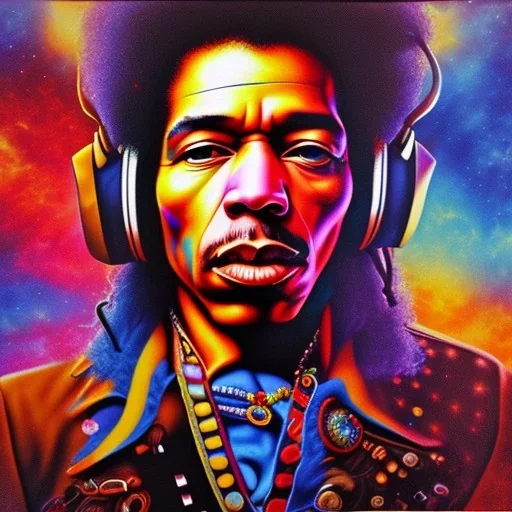 a realistic picture of Jimi Hendrix at a turntable with headphones on being a DJ, vivid color, with sunglasses, psychedelic trippy art, with UFOs in the background