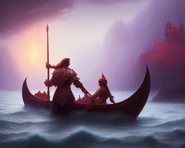 sango fantasy, fantasy magic, intricate, sharp focus, illustration, highly detailed, digital painting, concept art, matte, Greek mythology Charon ferryman in boat on river styx, sharp jagged rocks, red purple blue colours, red hot lava river