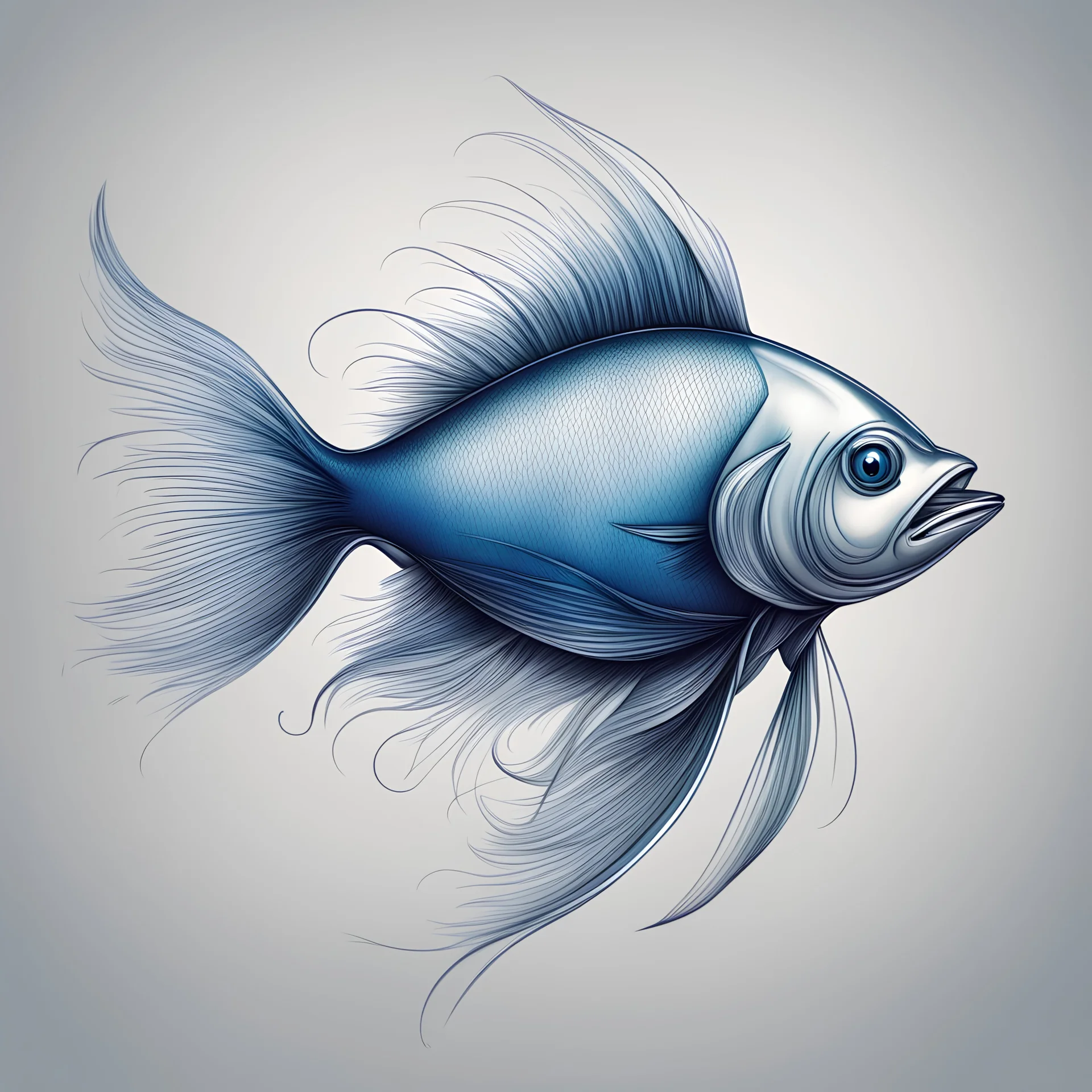 super thin silver fish with blue whiskers and fins in copperplate art style