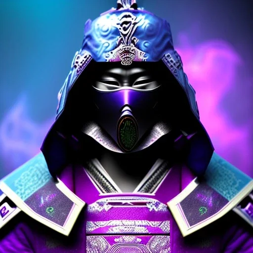 samurai purple masked villain in galaxy, teal and purple smoke, detailed, realistic, 4k