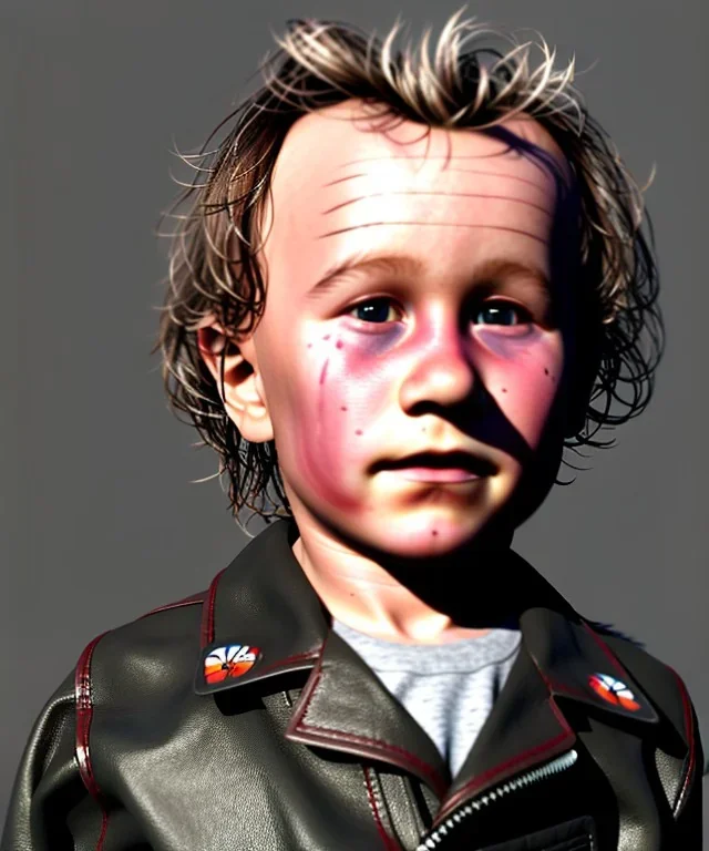 Heath ledger toddler, full body, sneaker, leather jacket, floral shirt, soft skin, dramatic lighting, hyper realistic